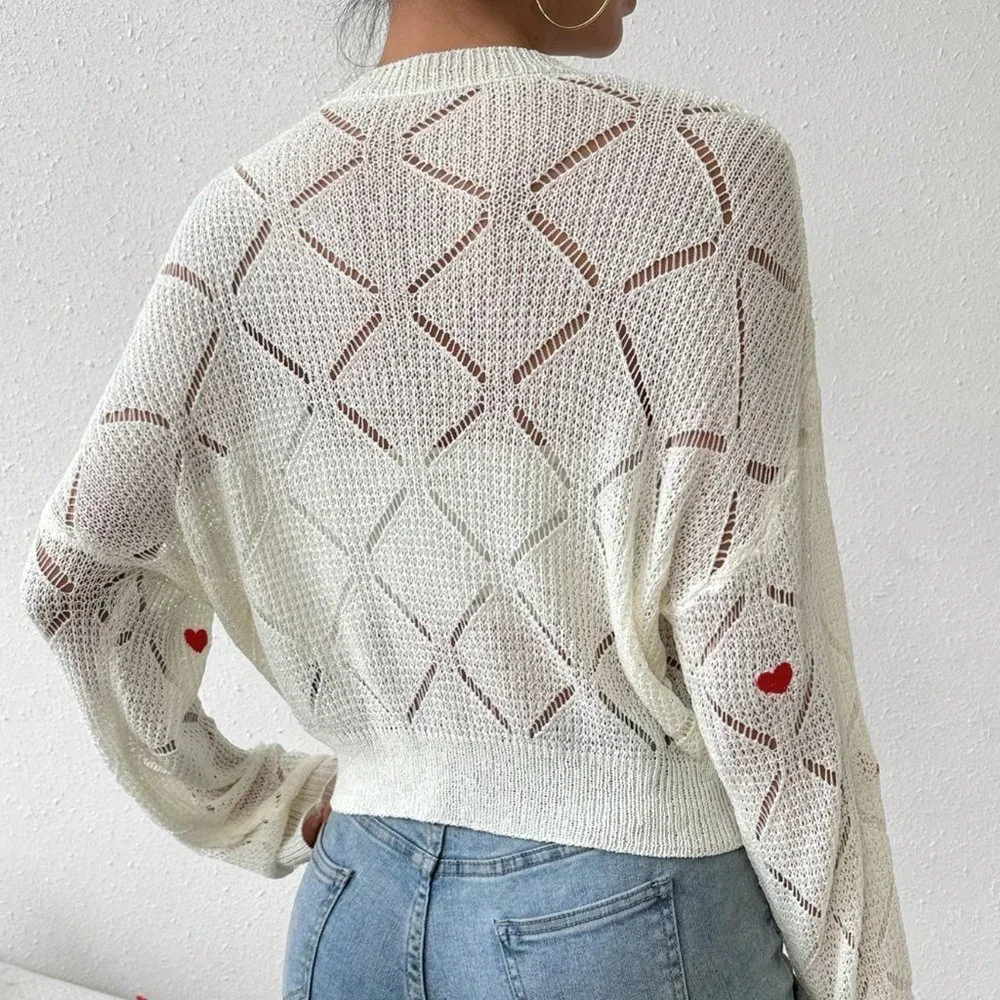 White Casual Womens Love Heart Embroidery Hollow Out Knitted Sweater - Picture 2 of 5